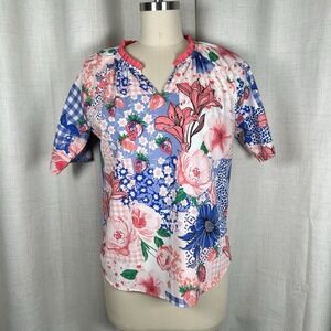 NEW! Foxcroft Springtime Collage Strawberry Popover Shirt 3/4‎ Sleeve Small